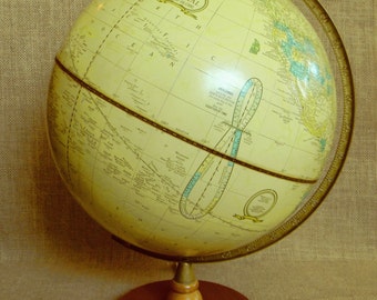 Elegant Classic Parchment Style Butter Cream Yellow Vintage Cram's Imperial Globe - Raised Relief Mountains, Hardwood Base - Excellent Cond.