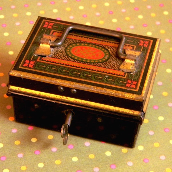 English Make Vintage Toleware Cash Box with Working Lock and Key.