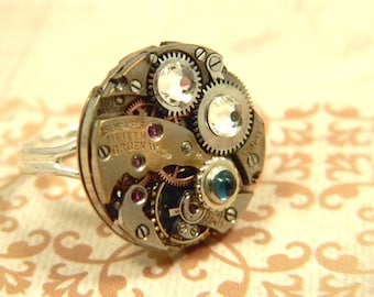 Beautiful Upcycled Antique Gruen Watch Movement Ring. Embellished Watchwork Ring. Trendy NeoVictorian Adjust. Costume Ring. One-of-a-Kind!