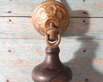 Beautiful Antique Victorian Era Teardrop Drawer Pull - Ebony Wood and Brass