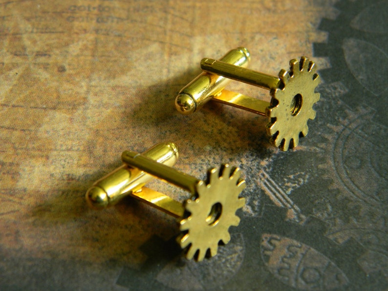 Handmade Cuff Link Costume Accent LARP. Bright Gold Tone Steampunk Style Costume Gear Cuff Link Set