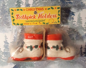 Delicate Vintage Hand Painted Christmas Themed Toothpick Holders. Brand New In Packaging.