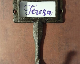 Amazing Elegant Name Card Cast Iron Hook or Hat Post. Name Tag Hook. Hat Hook, Coat Hook, Name Hook, Clothes Hook. Limited Quantity.