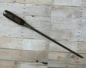 Extra Long Antique Mechanic's Screwdriver. Wood & Steel Octagon Handle. Steel Cap. Collar Marked "PL  MB 9741 Los Angeles."