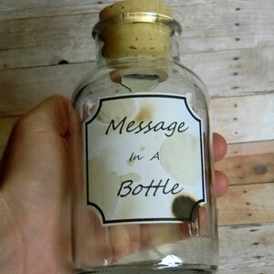 May include: A clear glass bottle with a cork stopper and a label that reads "Message in a Bottle".