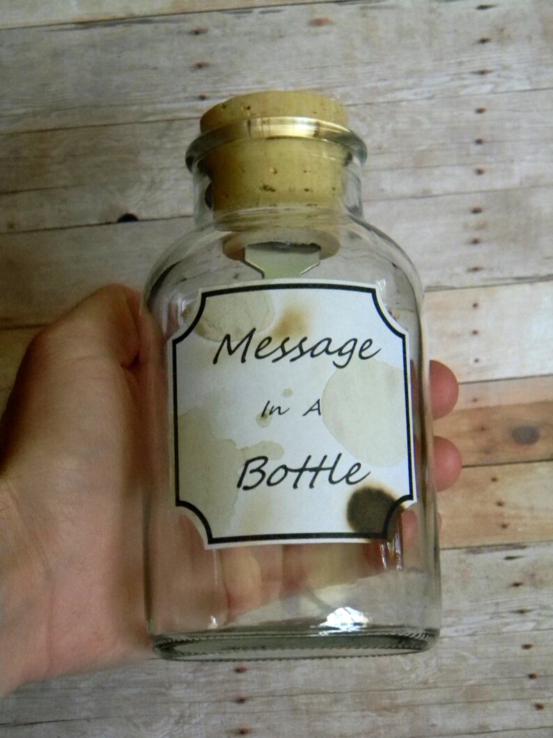 May include: A clear glass bottle with a cork stopper and a label that reads "Message in a Bottle".