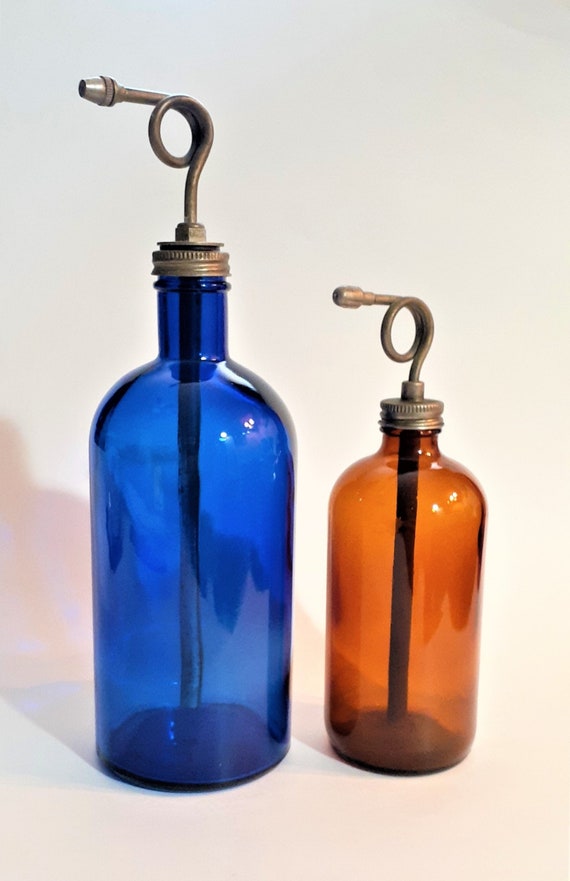 Scarce Antique Set of Chemical Pump Spray Bottles. Dark Cobalt Blue and  Dark Amber Brown Glass. Lift & Pump Spray Toppers. Lot of 2 Bottles -   Israel