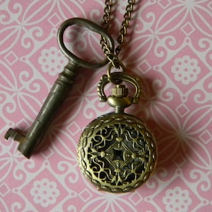 Vintage Iron Barrel Key and Petite Victorian Steampunk Style Pendant Watch