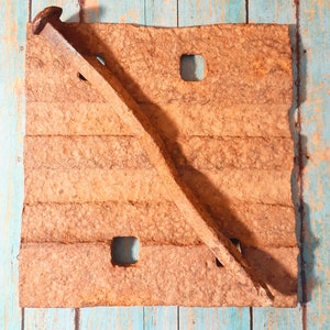 Vintage Iron Railroad Spike And Bracket. Rustic Steel Railroad Nail And Steel Plate Set. Great for Makers and Crafters of all Cuts.