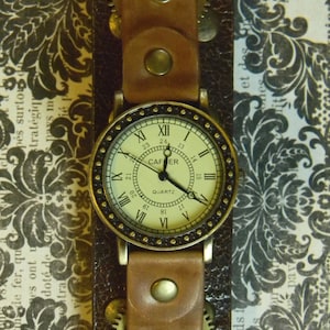 Stunning Steampunk Style Wrist Cuff Watch - Custom Leather & Metal Steampunk Watch Bracelet