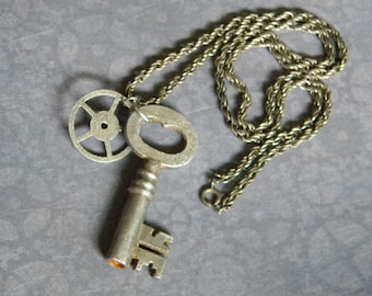 Cool Large Size Antique Key Pendant - Beautiful Old Key Re-Purposed for Unique Aged Silver Tone Steampunk Necklace