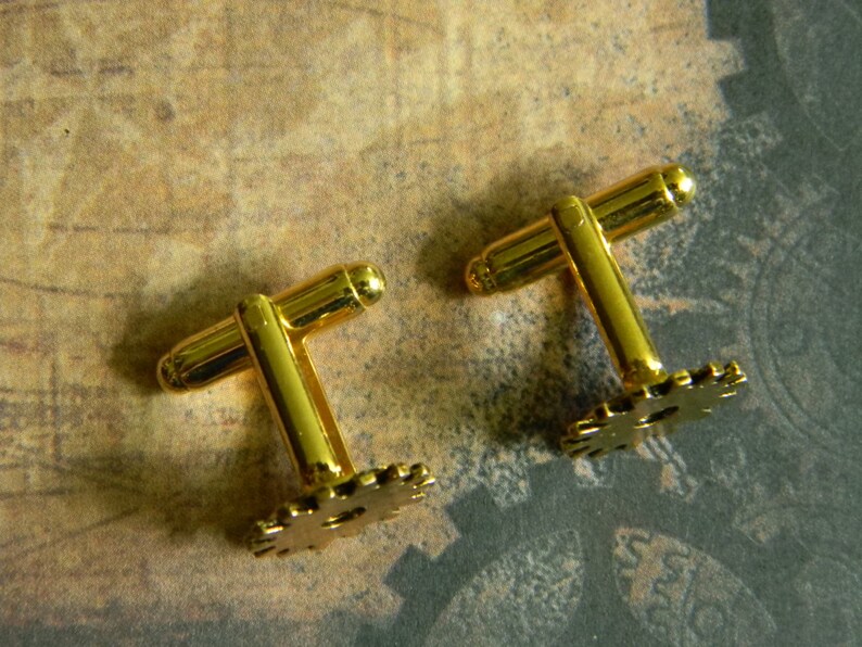 Handmade Cuff Link Costume Accent LARP. Bright Gold Tone Steampunk Style Costume Gear Cuff Link Set