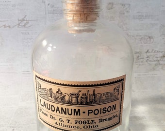 Fun Victorian Era Reproduction Labeled Laudanum Poison Bottle w/ Cork Stoppers. Clear Glass Jug. Antique Apothecary Style. Unique!