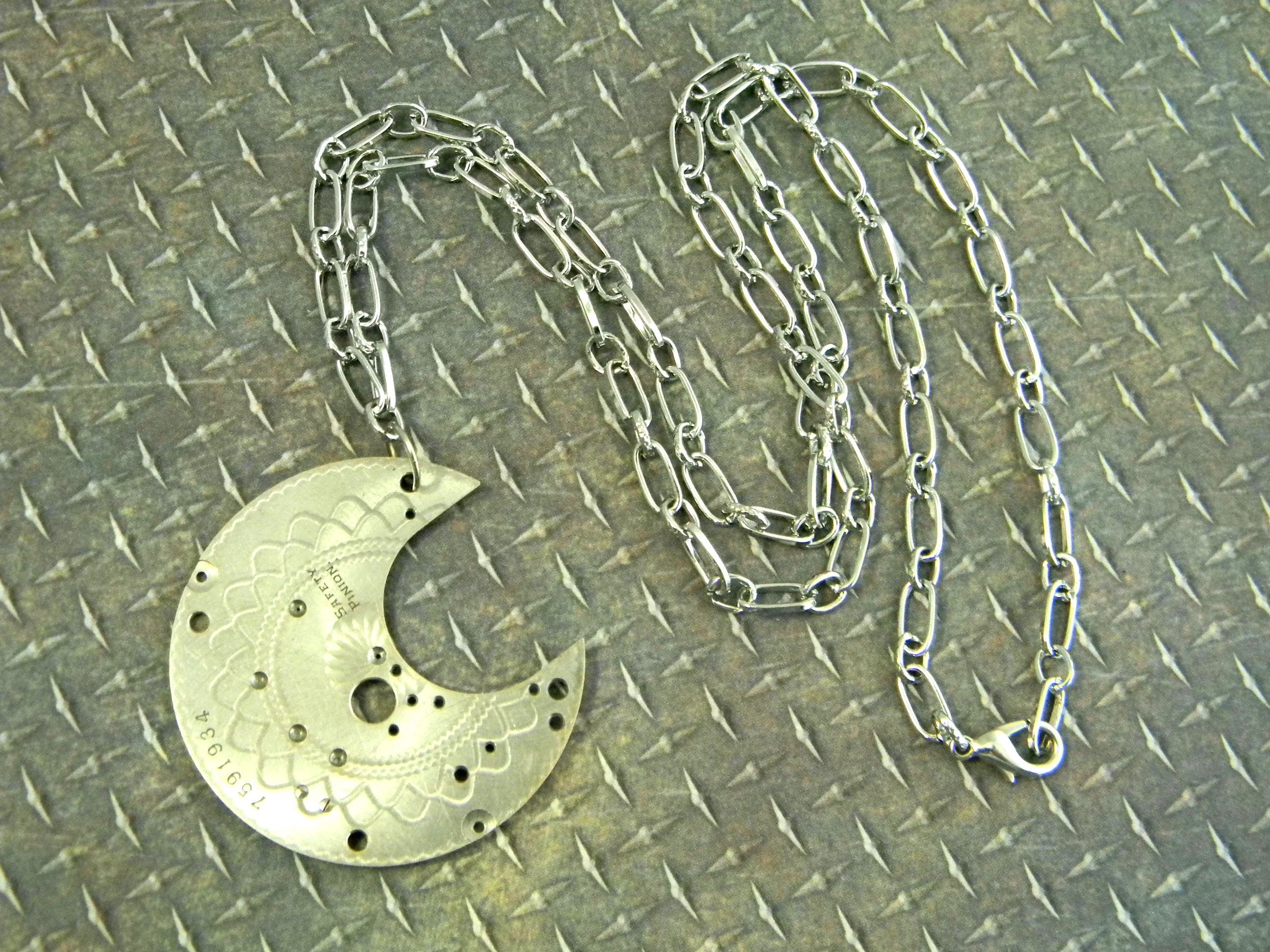 Stunning Upcycled Steampunk Moon Pendant Necklace. Beautifully Pattern ...