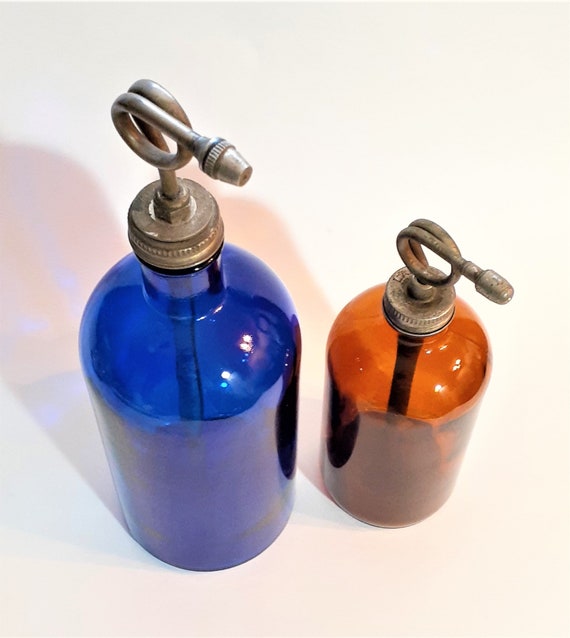 Scarce Antique Set of Chemical Pump Spray Bottles. Dark Cobalt Blue and  Dark Amber Brown Glass. Lift & Pump Spray Toppers. Lot of 2 Bottles 