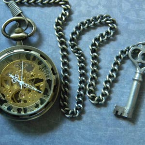 Beautiful Self Winding & Hand Wound Bronze Tone Steampunk Style Pocket Watch w/Authentic Antique Key Fob. Neo-Victorian Style Pocket Watch.
