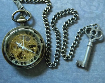 Beautiful Self Winding & Hand Wound Bronze Tone Steampunk Style Pocket Watch w/Authentic Antique Key Fob. Neo-Victorian Style Pocket Watch.