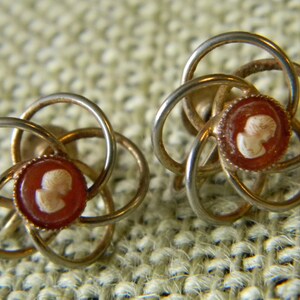 Unusual Vintage Fusion of Styles Earrings: Mid-Century Atomic Pattern and Victorian Cameo. Atompunk Style.