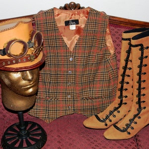 Set of Fun Complimenting Steampunk Costume Accessories: Leather Hat and Vintage Goggles, Side Button High Boots, and Vintage Wool Waistcoat image 1