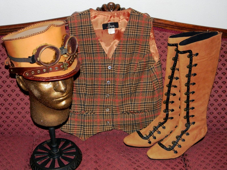 Set of Fun Complimenting Steampunk Costume Accessories: Leather Hat and Vintage Goggles, Side Button High Boots, and Vintage Wool Waistcoat image 1