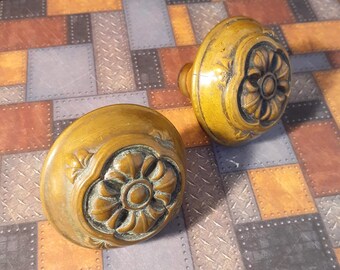 Elegant Cast Brass Antique Victorian Door Knob Set. Late 1800's to Early 1900's Origin. Rare Hardware Knobs.