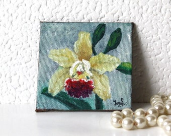 Orchid mini painting / Orchid flower tiny original oil painting on Canvas Magnet