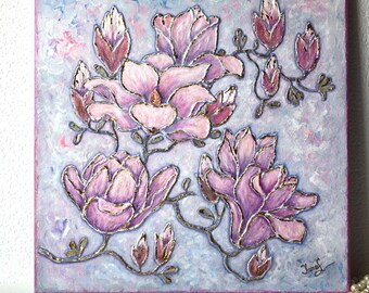 3D Magnolia flowers gold leaf painting original / Gold leaf original painting on 12 x 12 canvas / Good Luck gift