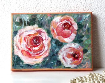 Rose flower painting original acrylic on canvas 5 x 7 / Rose Flowers Original art work / Small canvas original painting / Love gift