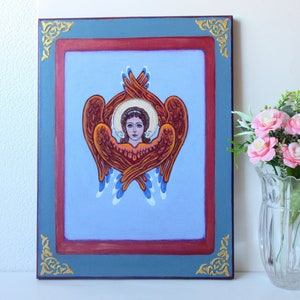 Angel Six Wings Original Painting on canvas / Orthodox Catholic guardian angel icon on canvas / Angel Seraph / Healing Art afbeelding 3