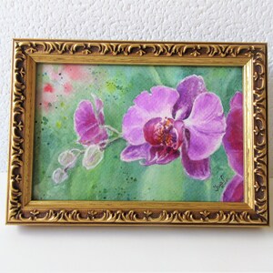 Orchid flower watercolor miniature painting original / Baroque framed painting original / Gift for her / Boho Wall Decor afbeelding 9