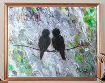 Love Birds original painting on canvas / Birds on wire original art work / poured acrylic painting / Love Gift