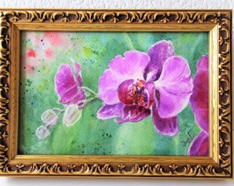 Orchid flower watercolor miniature painting original / Baroque framed painting original / Gift for her / Boho Wall Decor