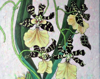 Orchid original painting on canvas 16 x 20 / Tiger orchid flowers painting original / Boho wall decor / Good Luck gift