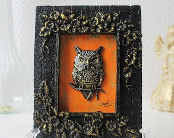 Handmade 3D Owl Sculpture Painting: Celtic Wall Art, Vintage Frame