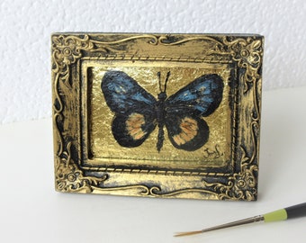 Butterfly gold leaf framed mini painting / Black Butterfly tiny original art / Miniature gold leaf painting original