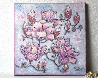 3D Magnolia flowers gold leaf painting original / Gold leaf original painting on 12 x 12 canvas / Good Luck gift