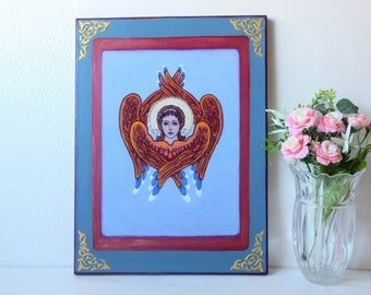 Angel Six Wings Original Painting on canvas / Orthodox Catholic guardian angel icon on canvas / Angel Seraph / Healing Art