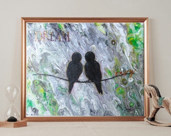 Love Birds original painting on canvas / Birds on wire original art work / poured acrylic painting / Love Gift