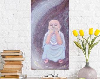 Zen Little Monk Original painting on canvas / Zen Wall Decor / Silence Art / Meditation art