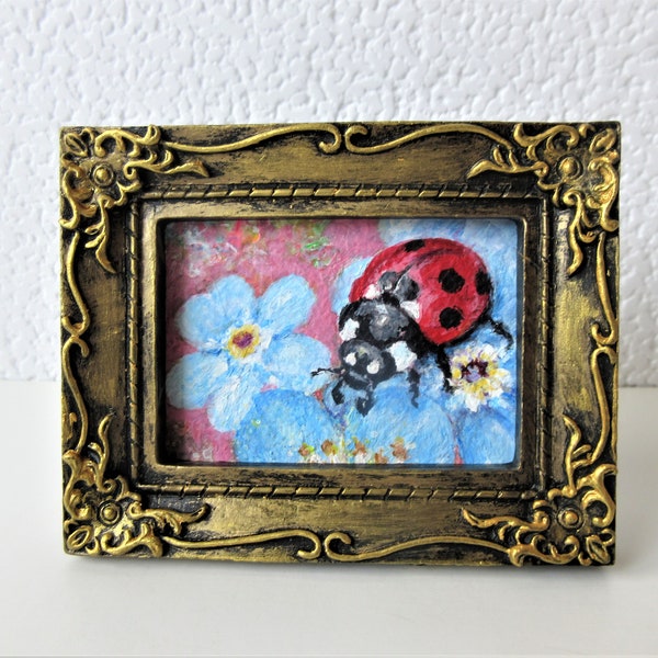 Ladybird miniature painting framed / Ladybug tiny original panting/ Forget Me Not Miniature art / Good Luck gift / Dollhouse decor