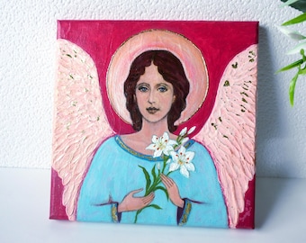Angel of the Annunciation Painting: Gold Leaf Accents, Christian Wall Art