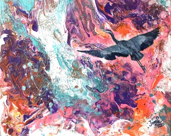 Poured Acrylic Painting on canvas / Original artwork bird abstract / Original gift art work