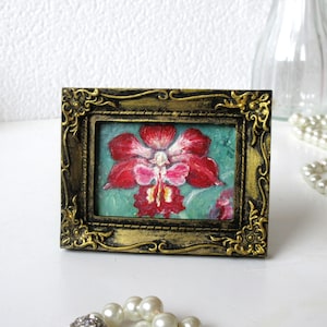 Miniature Red Orchid Oil Painting - Antique Gold Victorian Frame