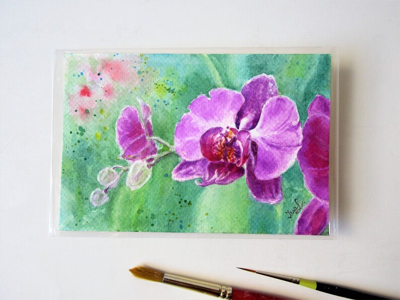 Orchid flower watercolor miniature painting original / Baroque framed painting original / Gift for her / Boho Wall Decor afbeelding 6