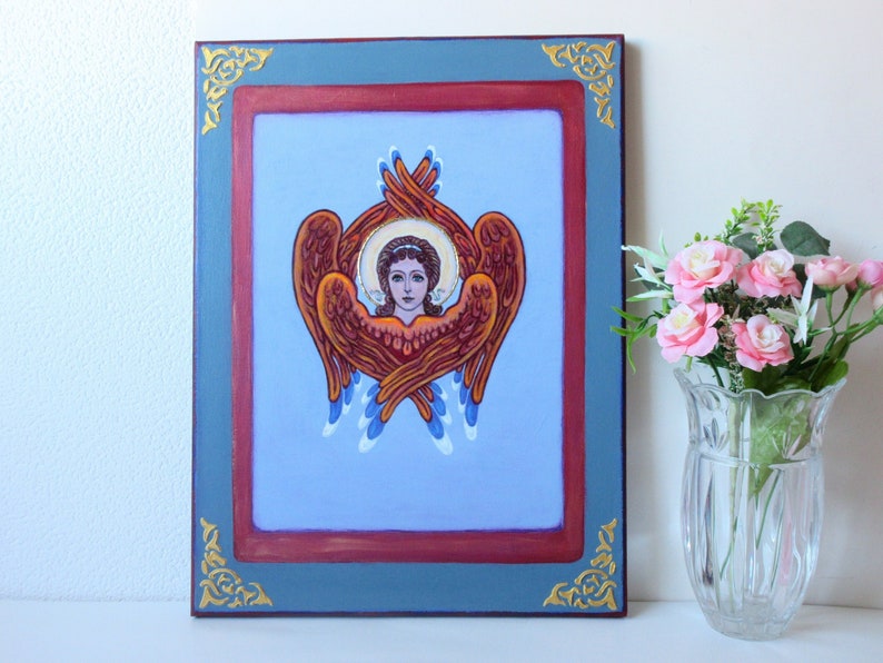 Angel Six Wings Original Painting on canvas / Orthodox Catholic guardian angel icon on canvas / Angel Seraph / Healing Art afbeelding 3