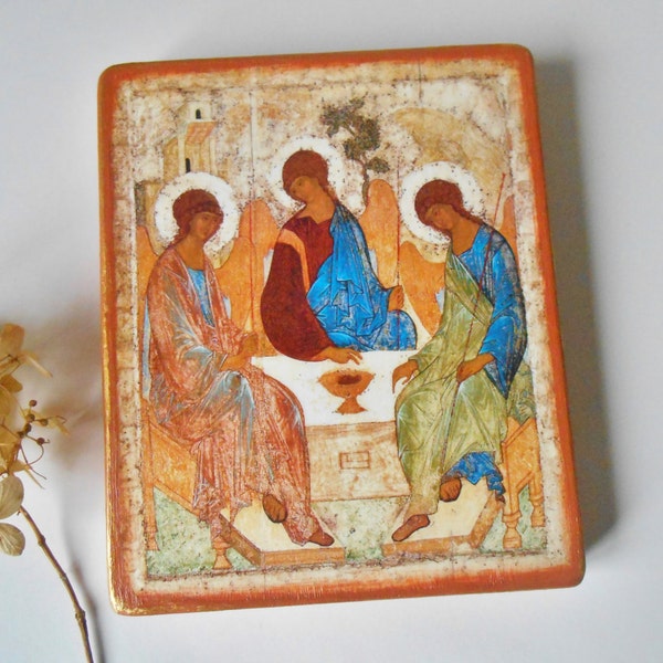 Icône religieuse de Sainte Trinité icône 5.5 X 6 3/4 orthodoxe de St Andrei Rublev découpage sur bois orthodoxe catholique icône Sainte Trinité Eater cadeau