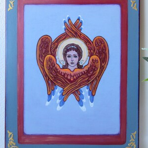 Angel Six Wings Original Painting on canvas / Orthodox Catholic guardian angel icon on canvas / Angel Seraph / Healing Art afbeelding 1