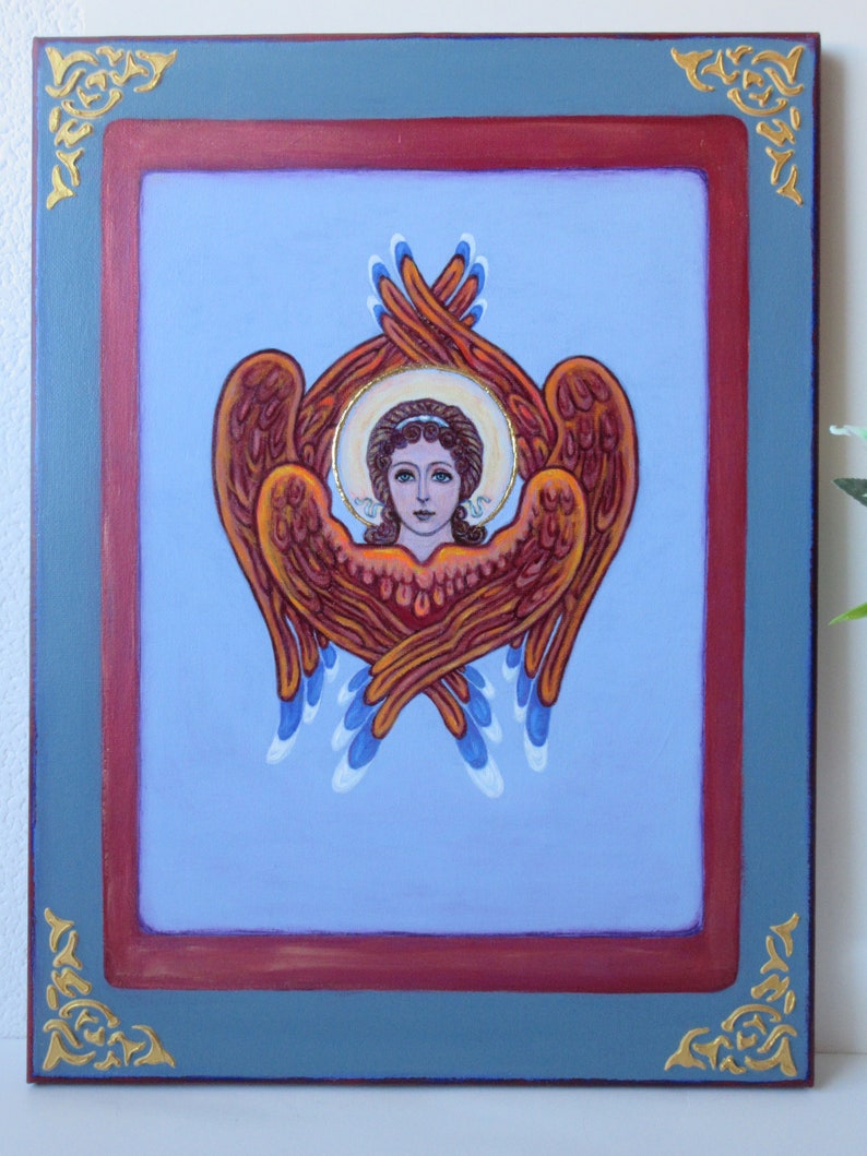Angel Six Wings Original Painting on canvas / Orthodox Catholic guardian angel icon on canvas / Angel Seraph / Healing Art afbeelding 1