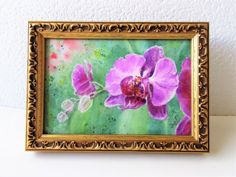Orchid flower watercolor miniature painting original / Baroque framed painting original / Gift for her / Boho Wall Decor afbeelding 1