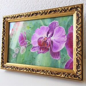 Orchid flower watercolor miniature painting original / Baroque framed painting original / Gift for her / Boho Wall Decor afbeelding 3